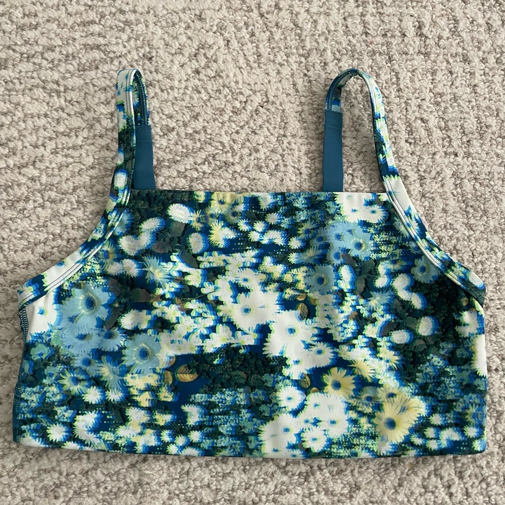 OFFLINE Aerie Blue Green Floral 3D Trippy blurry Activewear Set Bra Biker Shorts - Picture 2 of 16